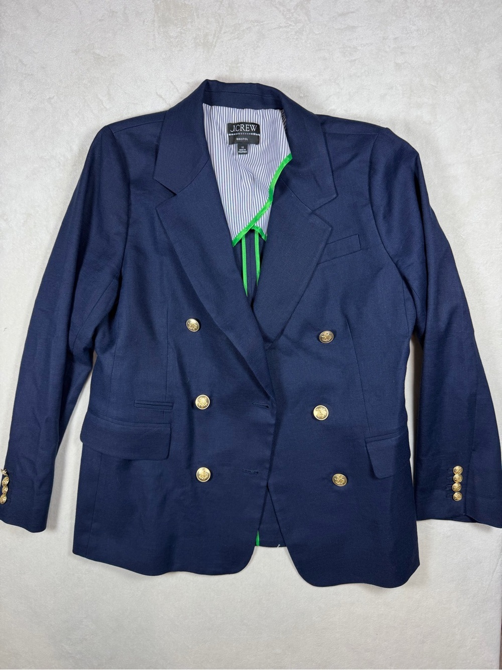 J. Crew Bristol Sz 12 Navy Double-Breasted Blazer with Gold Buttons Linen Blend